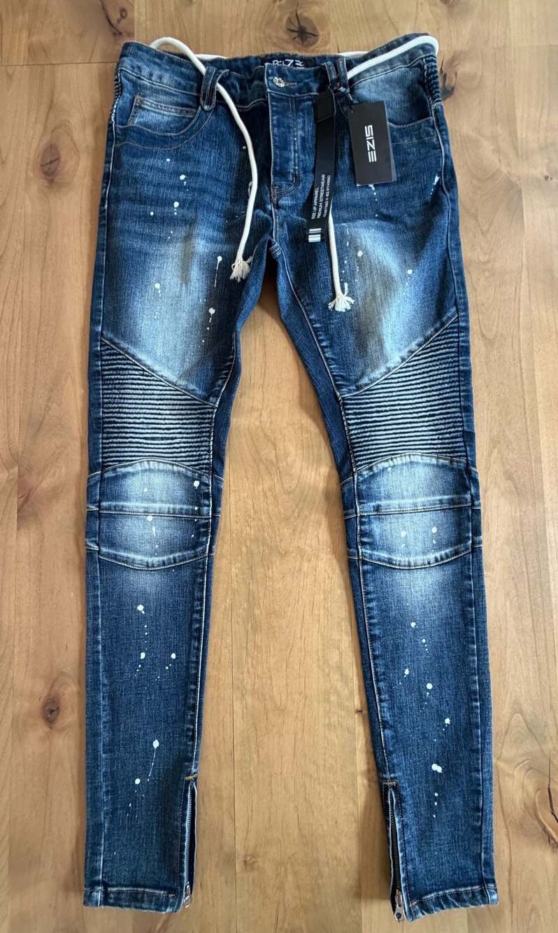 SIZE Up Apparel Men's Paint Splatter Moto Jeans with Ankle Zips XL